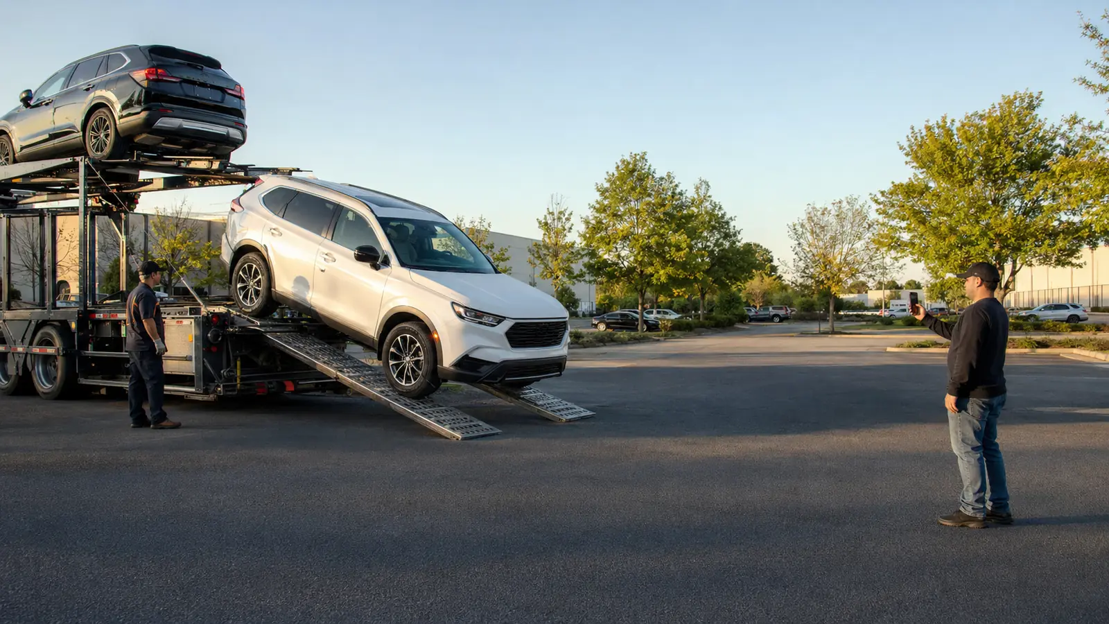White SUV unloading from an open car carrier while the receiving customer takes delivery photographs