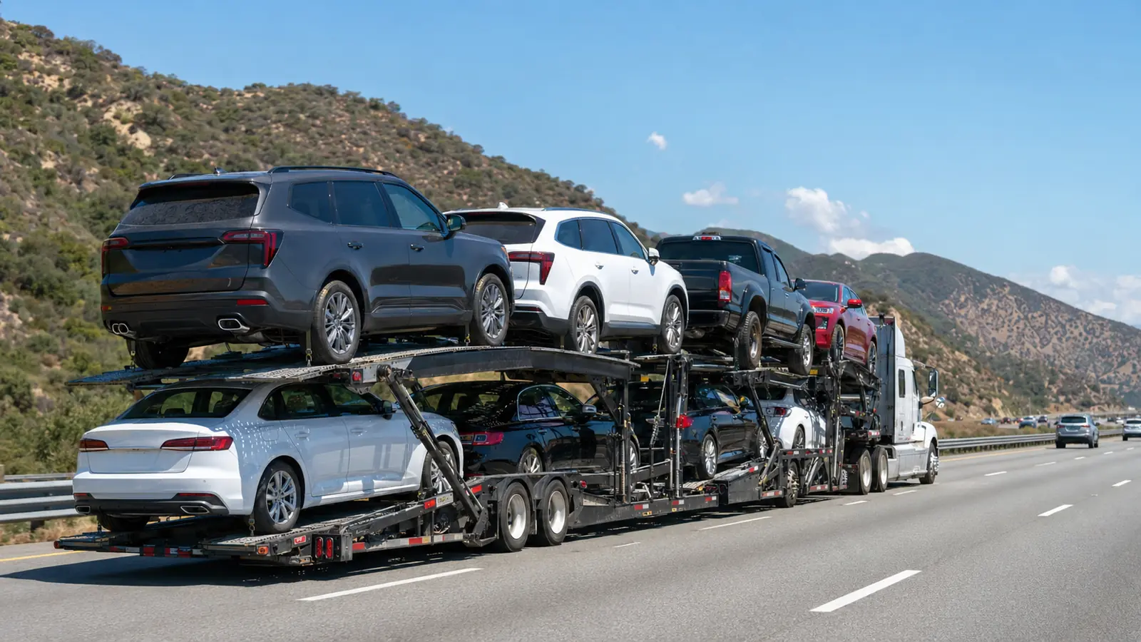 Loaded open car carrier transporting sedans, SUVs, and a pickup on a divided interstate