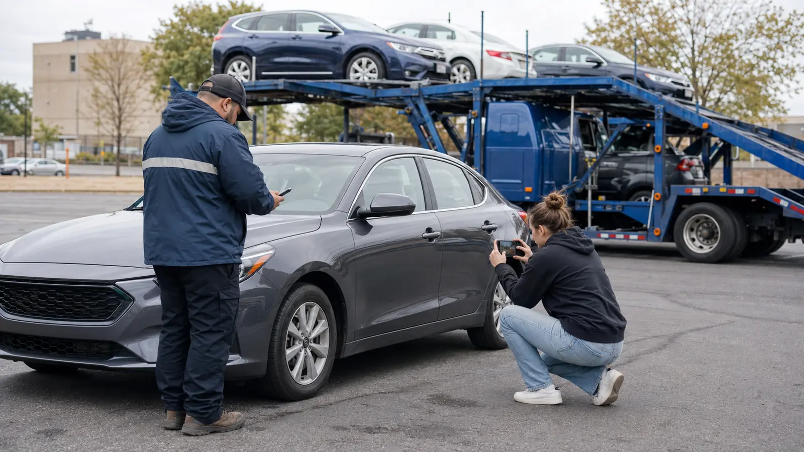 Driver and customer photographing a gray sedan beside an open car carrier before pickup