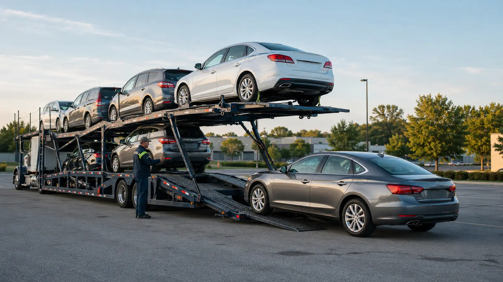 Open double-deck car carrier preparing to load a gray sedan in a wide commercial parking area