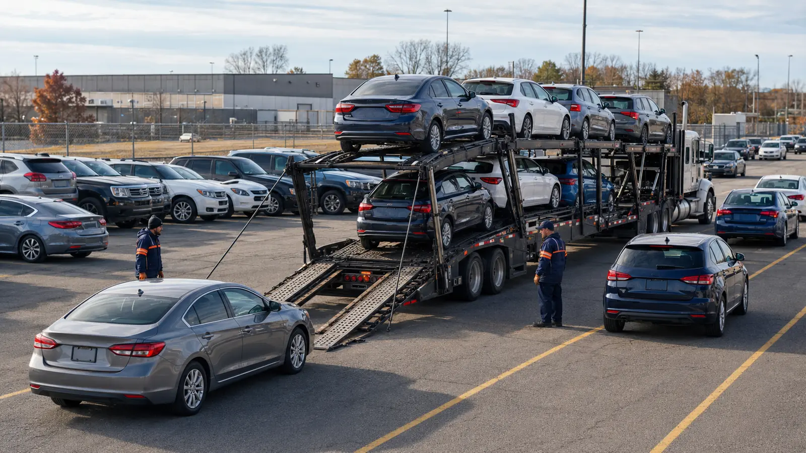 Open multi-car carrier loading vehicles in a large automotive logistics lot